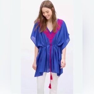 ZARA Kaftan Top Size Medium Blue & Pink Oversized Tasselled Embroidered V Neck